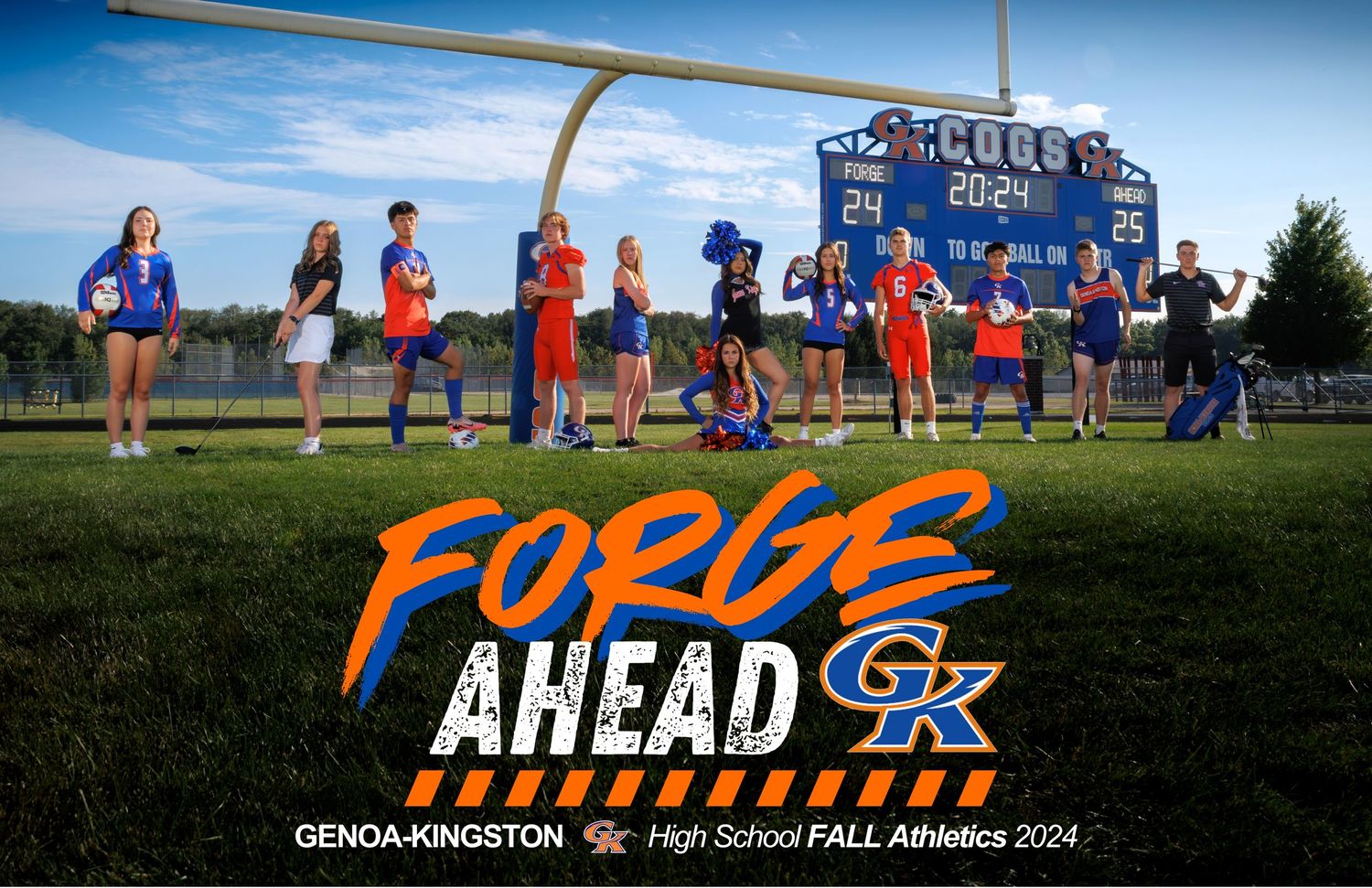 High school athletes training on a sports field with orange and blue team colors.