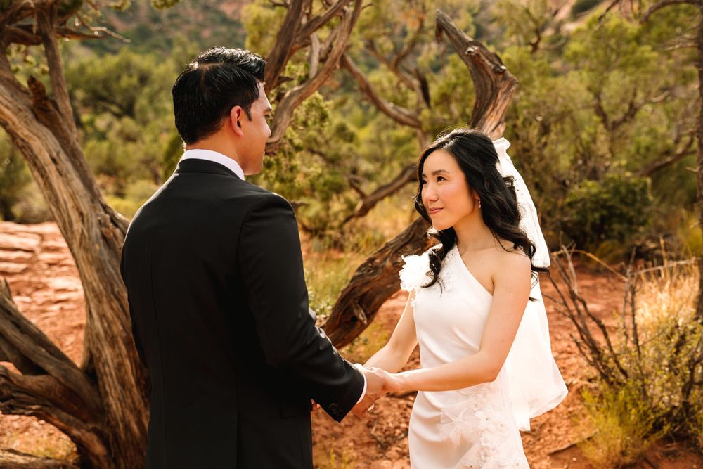 A wedding ceremony takes place among desert trees with Sedona red rock formations in the background.