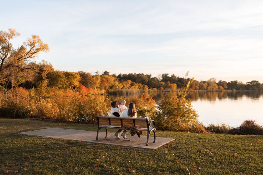 Park bench overlooking lake with fall foliage during sunset.