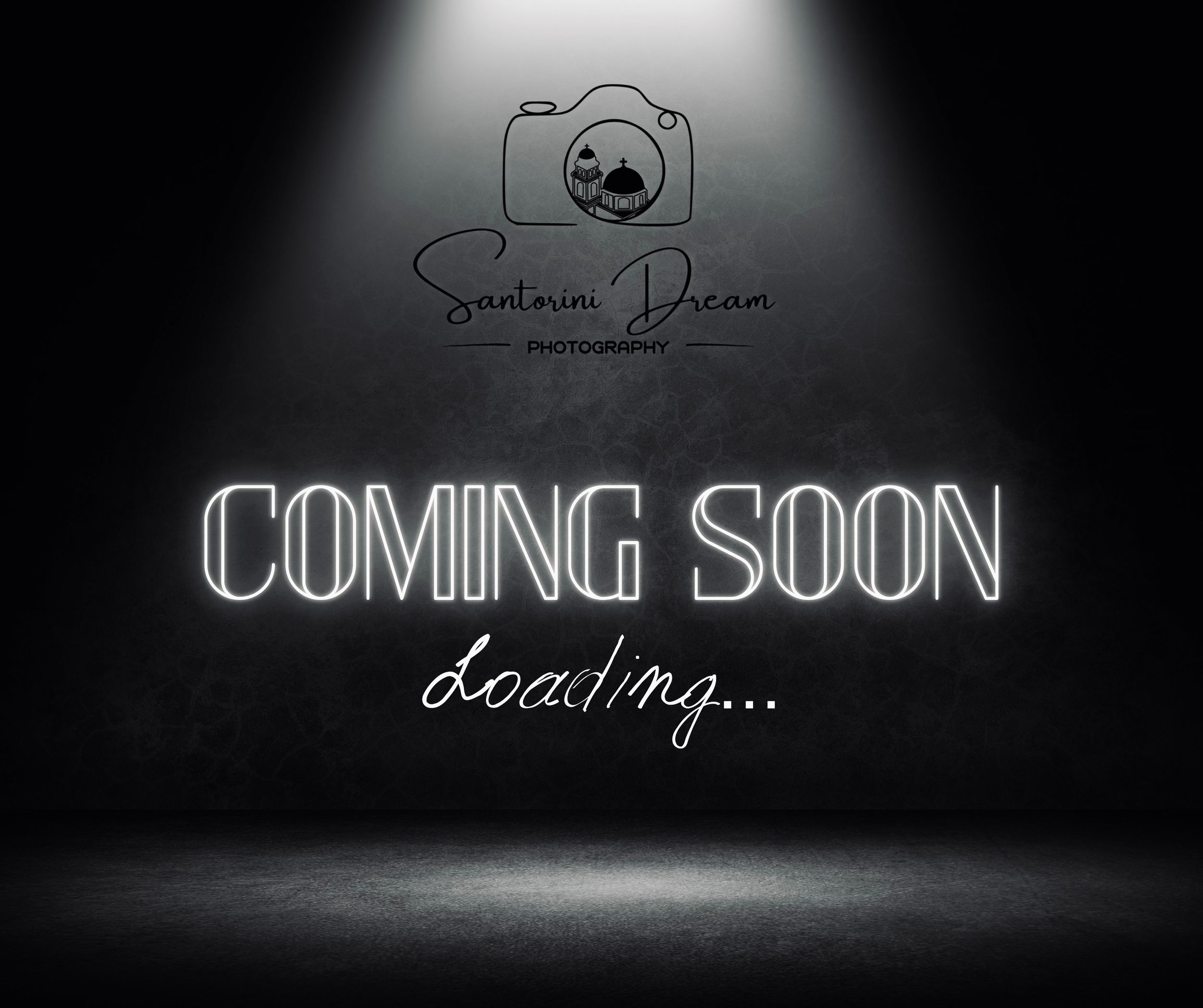 A dark 'Coming Soon' loading screen with a photographer logo and glowing neon text effect.