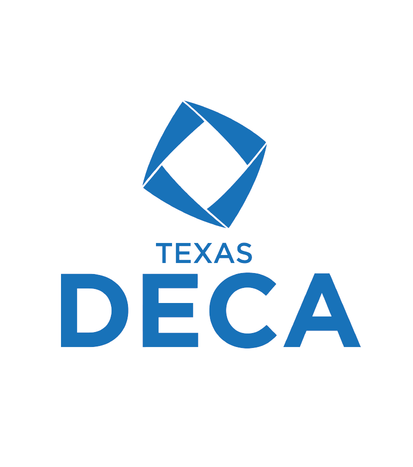 Texas DECA logo with blue geometric diamond shape above text.