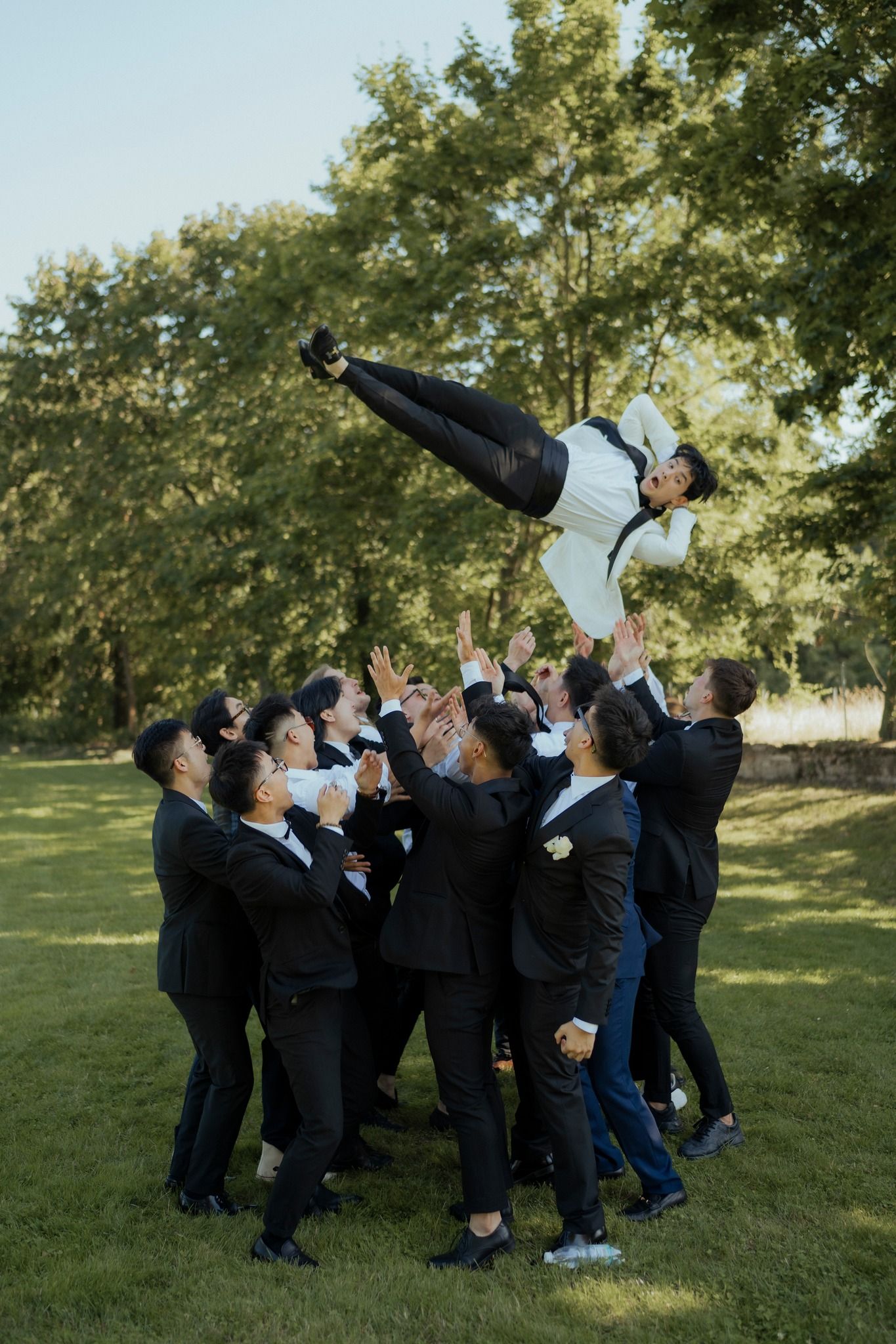 Groomsmen toss groom in air during fun outdoor wedding photo.