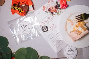 Beauty and wellness products arranged on a white surface with a plate, fork, snack wrapper and decorative green leaves.