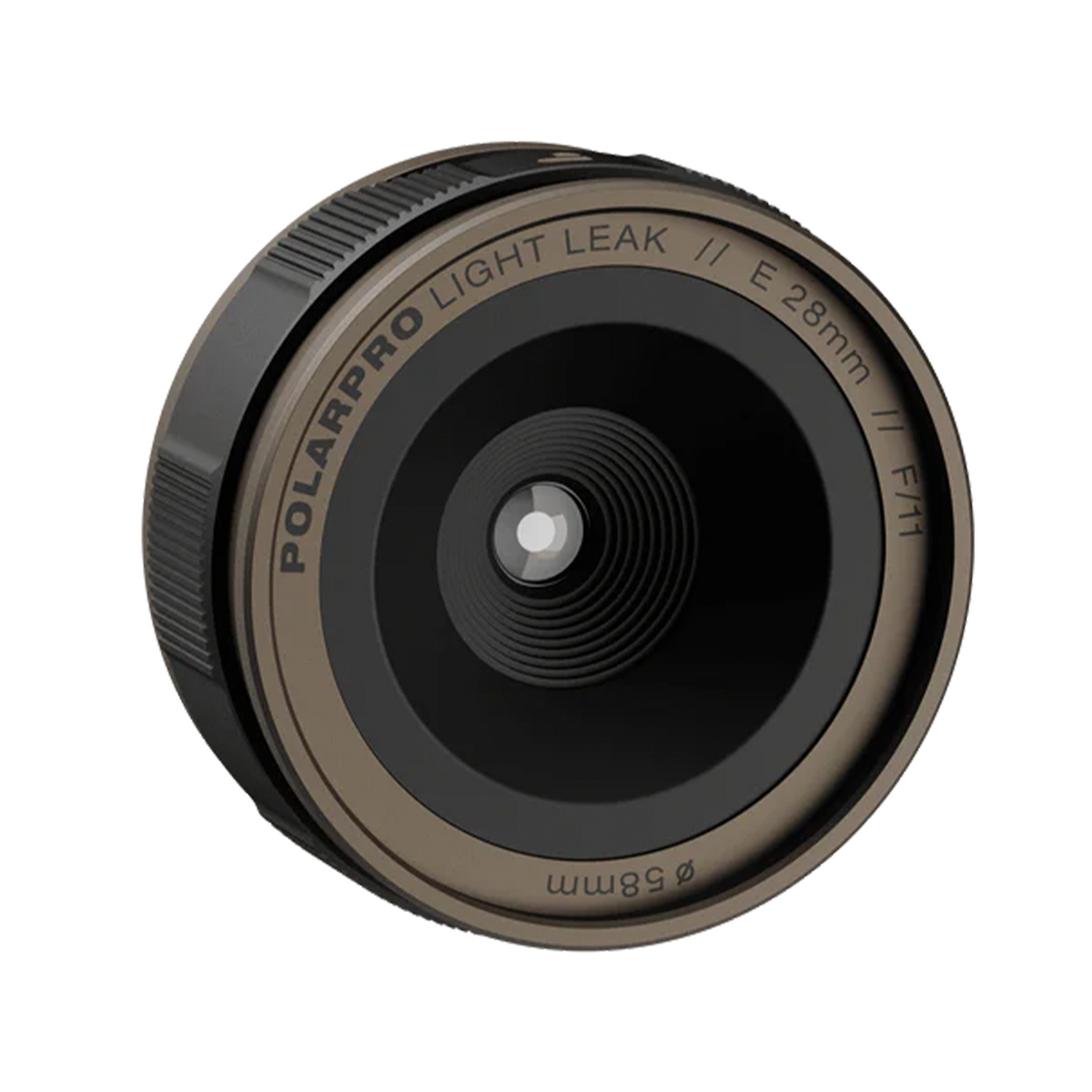 A professional camera lens with dark gunmetal finish showing the front aperture and focus ring.