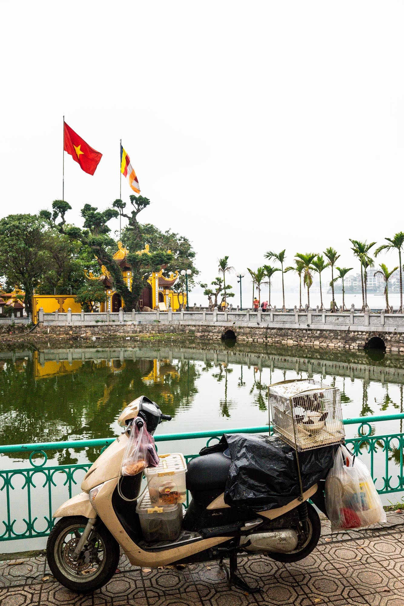 A scooter parked by a reflecting pool with Vietnamese and other flags flying in the background near palm trees.