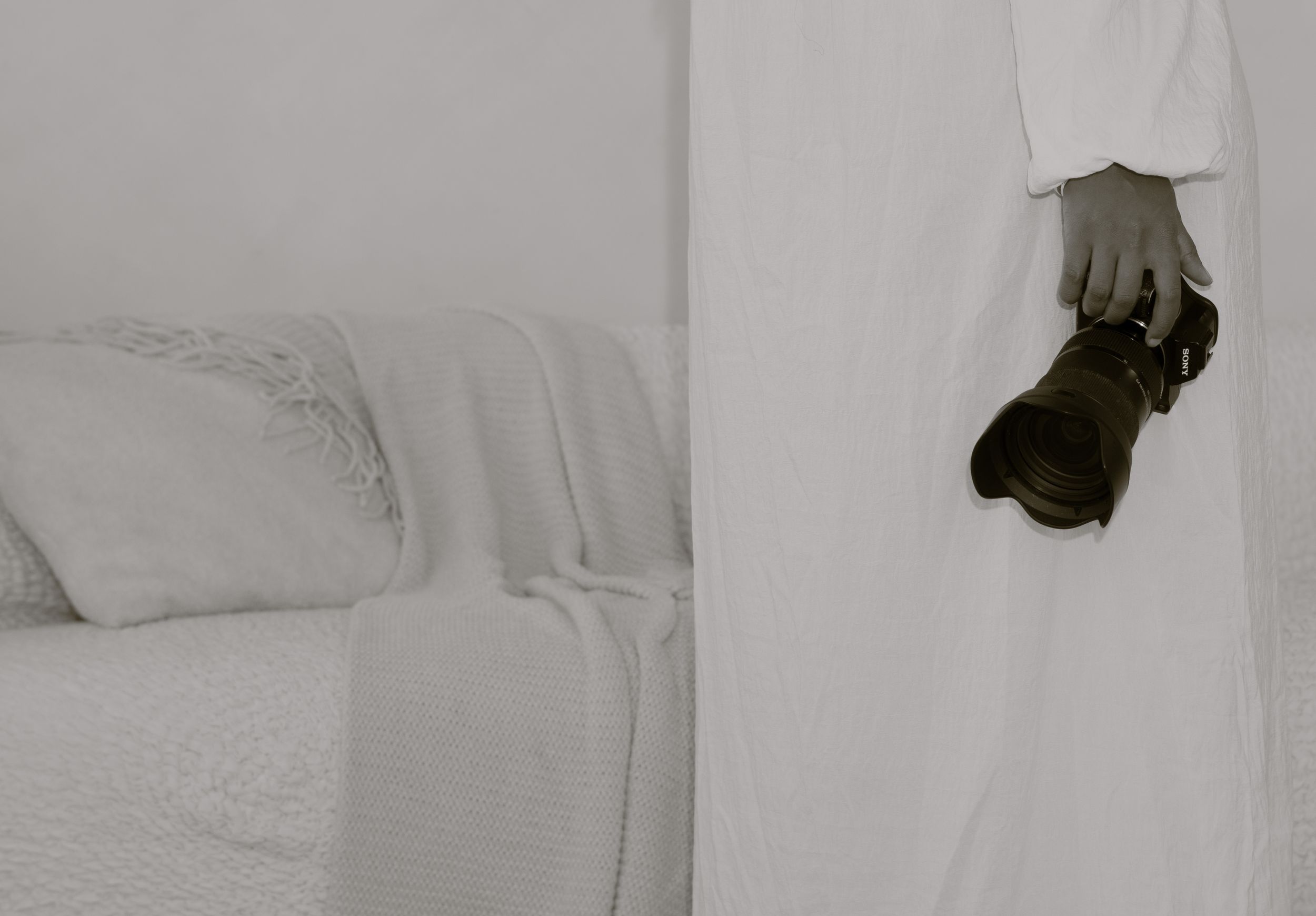 Black and white photo showing a small dark dog's paw being held against a white curtain beside a couch.