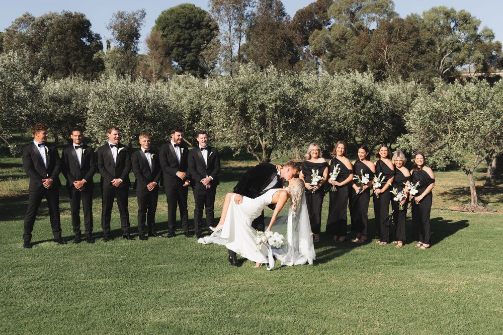 Wedding party poses creatively on green lawn with olive trees in background.