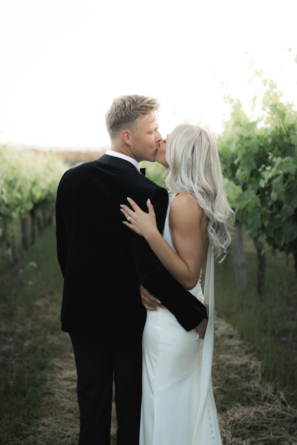 A couple embraces in formal wedding attire while standing between rows of grapevines in a vineyard at sunset.