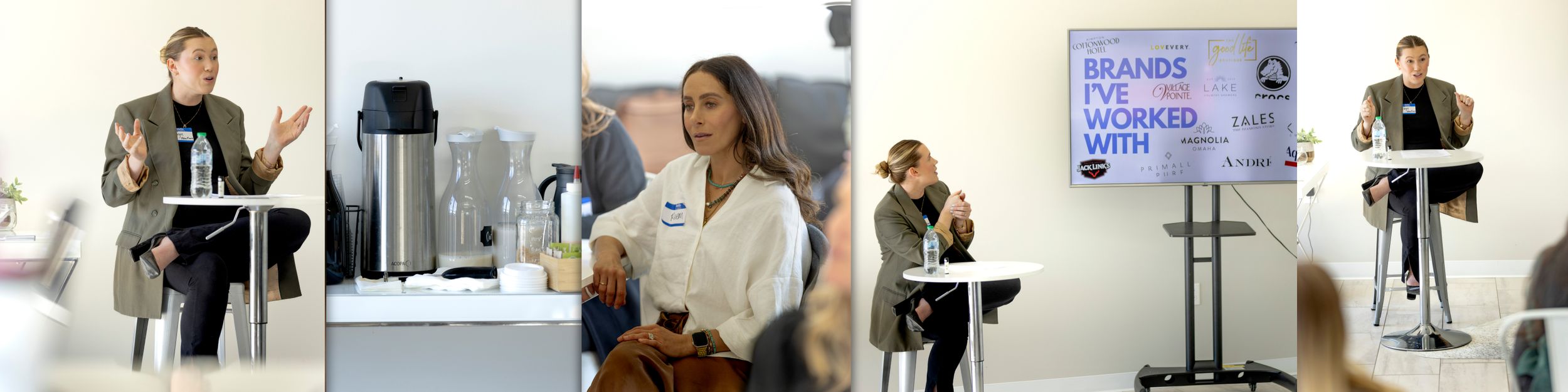 People standing and sitting in a modern corporate office setting while having a business meeting and presentation.