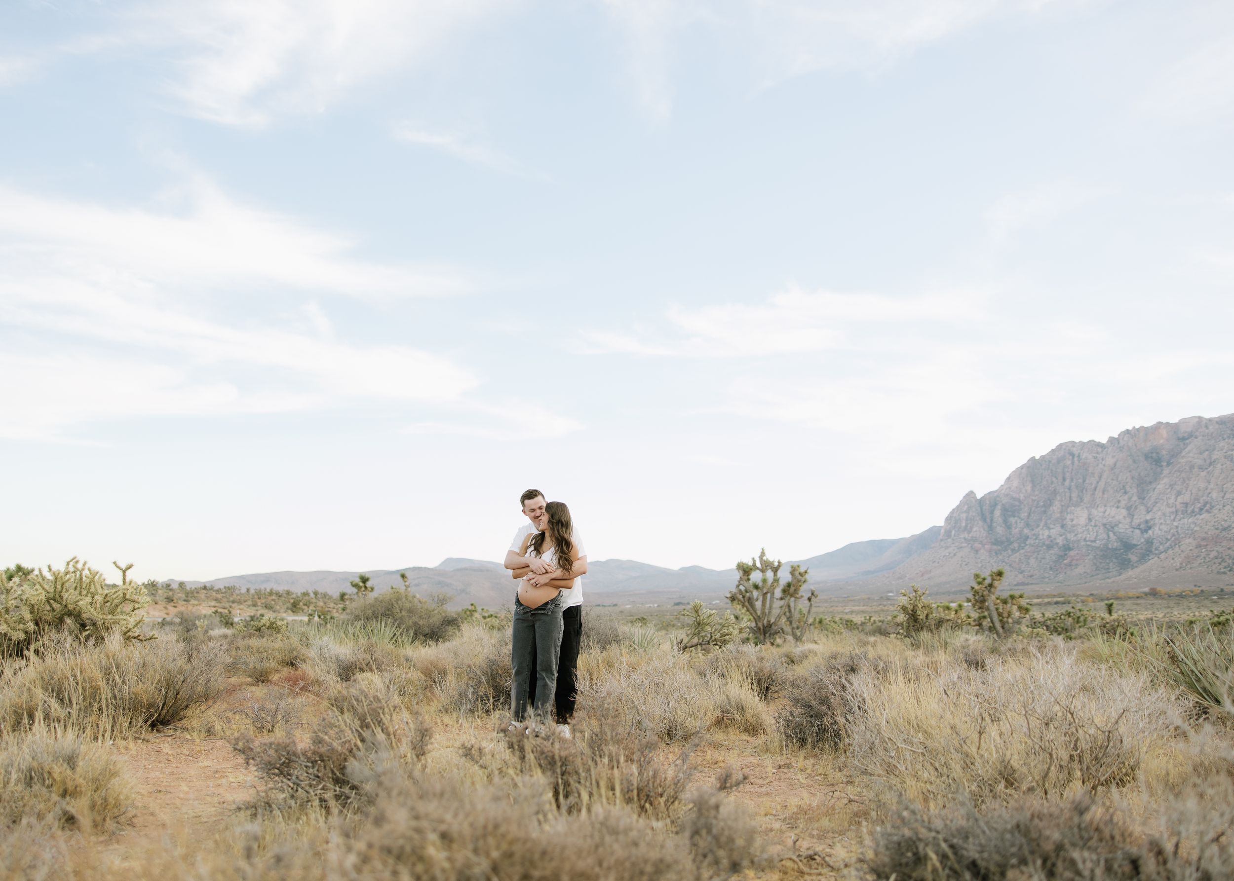 A couple embraces in a desert landscape with mountains and brush vegetation under cloudy skies.