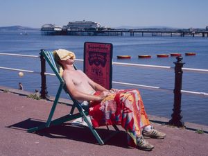 funny sunbathing photo Morecambe 1990