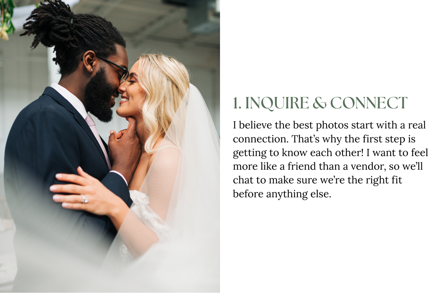 A romantic wedding photography moment between a couple embracing with text about inquiring and connecting.