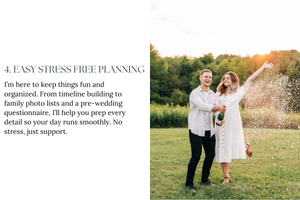 Wedding planning guidance with couple outdoors at sunset in grassy field with text about stress-free planning advice.