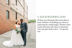 A couple stands outside a brick building while a text overlay discusses wedding day photography.