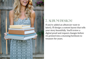 Someone holds a stack of blue and white hardcover books while wearing a gray patterned dress in an outdoor setting.