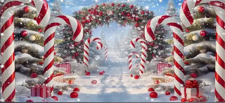 Candy cane archway decorated with red ornaments and snowflakes leads to a magical winter wonderland path in the snow.
