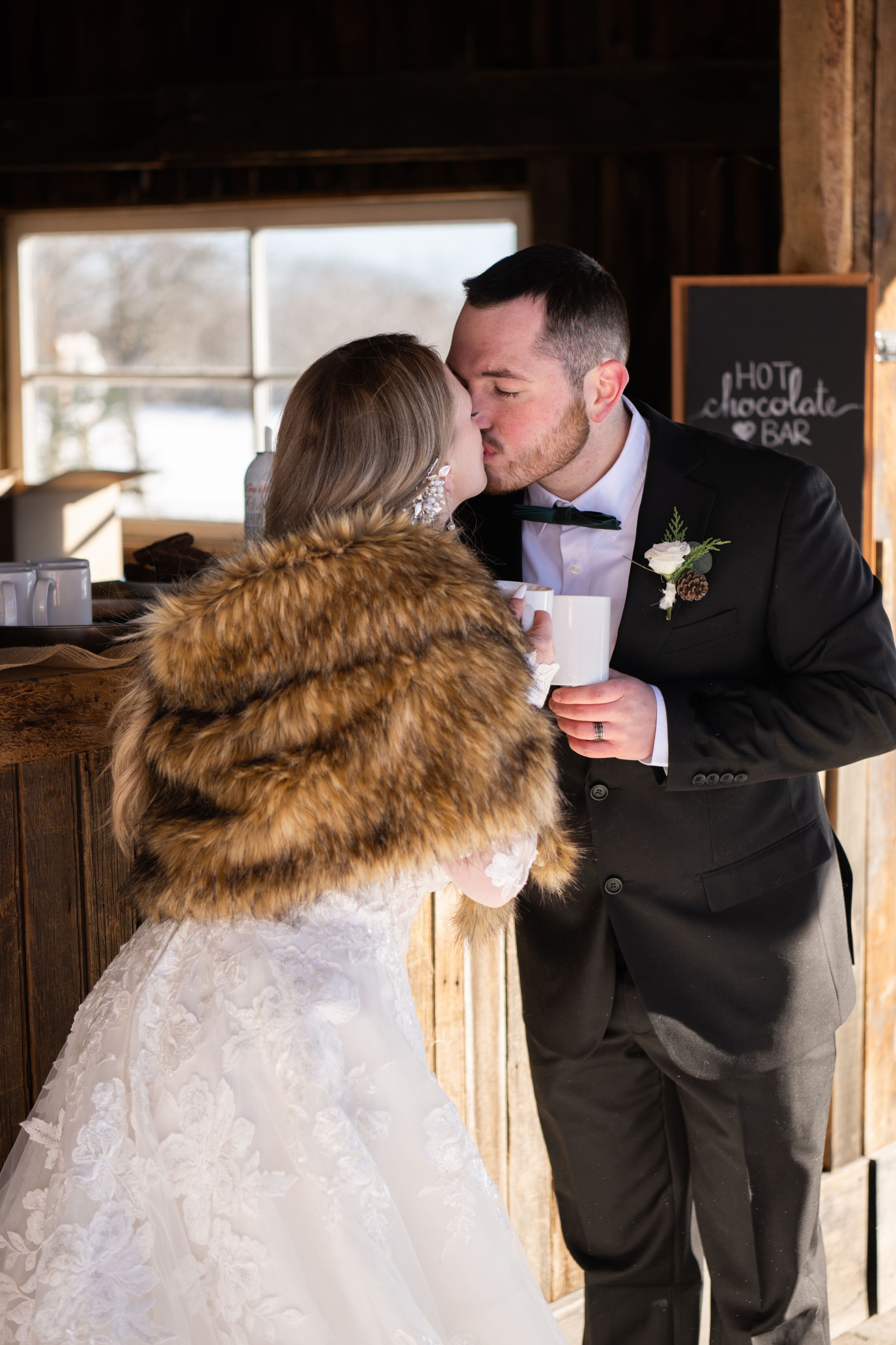 Winter wedding photography sequence showing a romantic moment in a rustic wooden setting.
