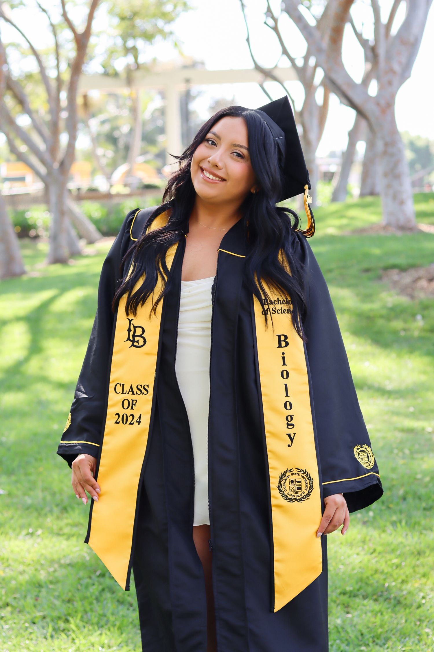 Graduate in black cap and gown with gold sash poses outdoors on a sunny day.