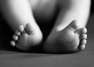 Close-up black and white photo of tiny newborn baby feet with delicate toes on a soft surface.