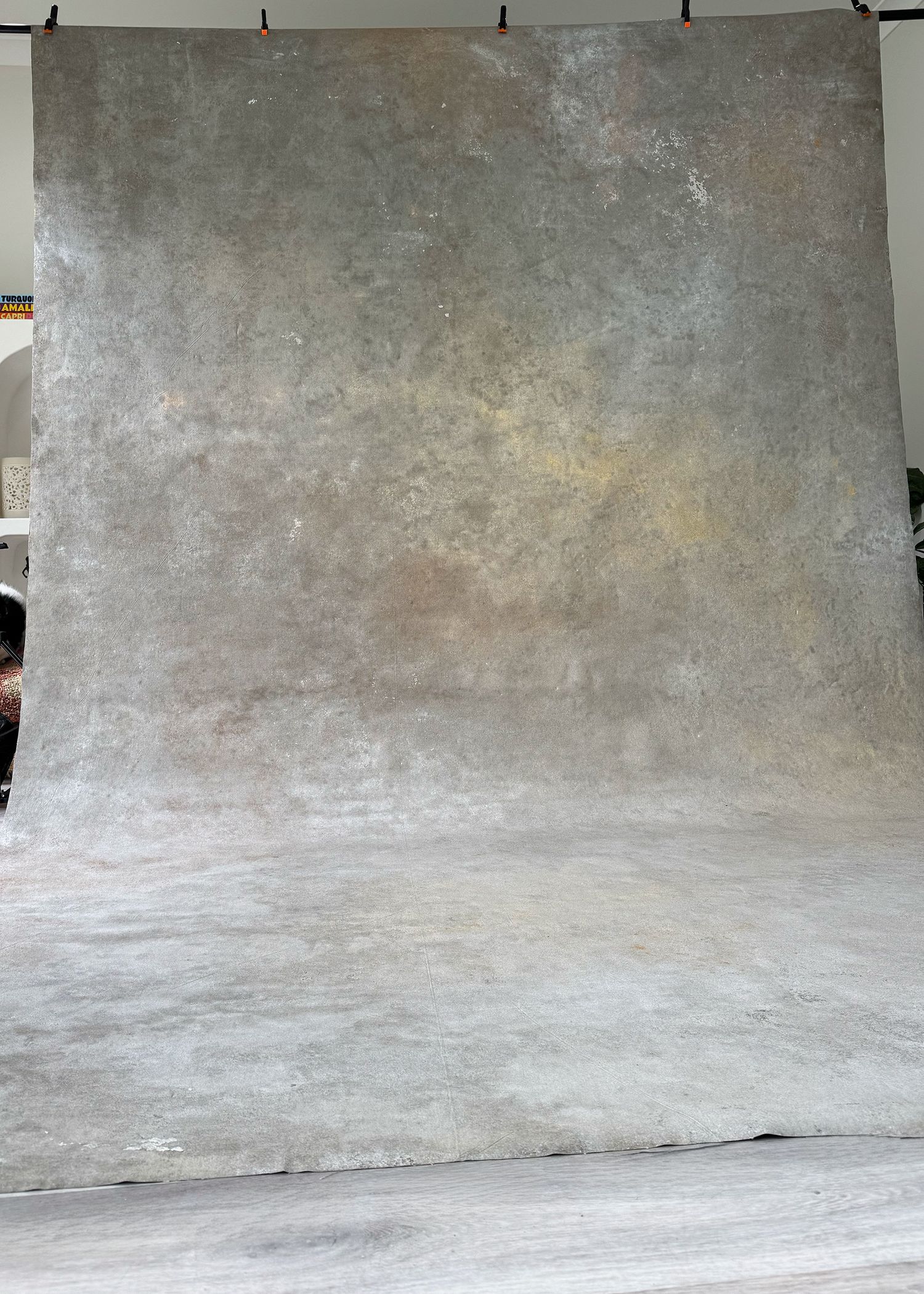 Abstract gray, gold and multi coloured splattered canvas in extra large size for studio photoshoots.