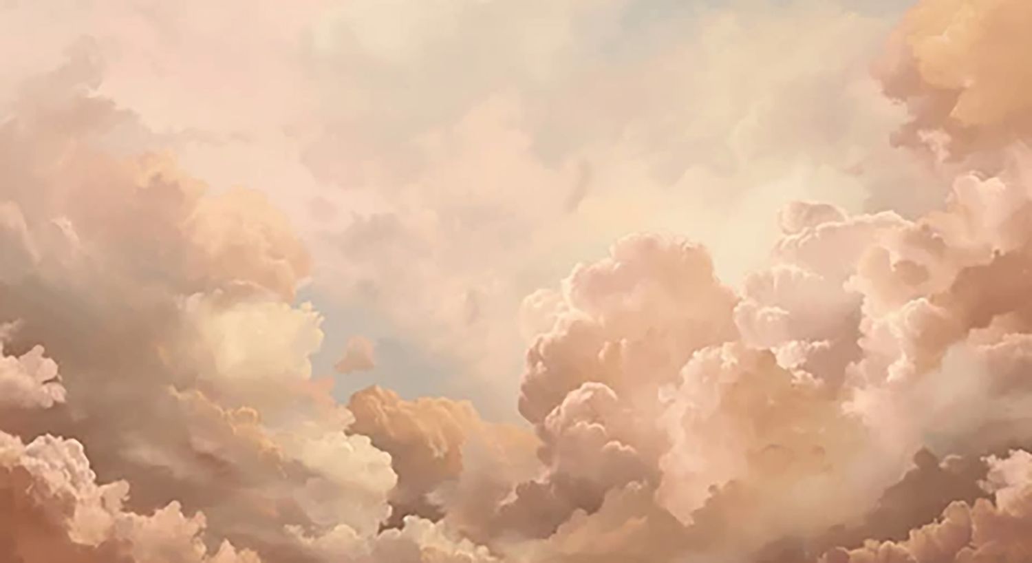 Soft pink and orange clouds billow across a dreamy sunset sky with dramatic lighting and ethereal atmosphere.