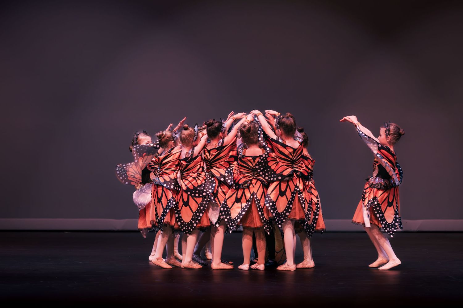 Modern dancers perform in red costumes on dark stage with one dancer separated from huddled group in dramatic pose.