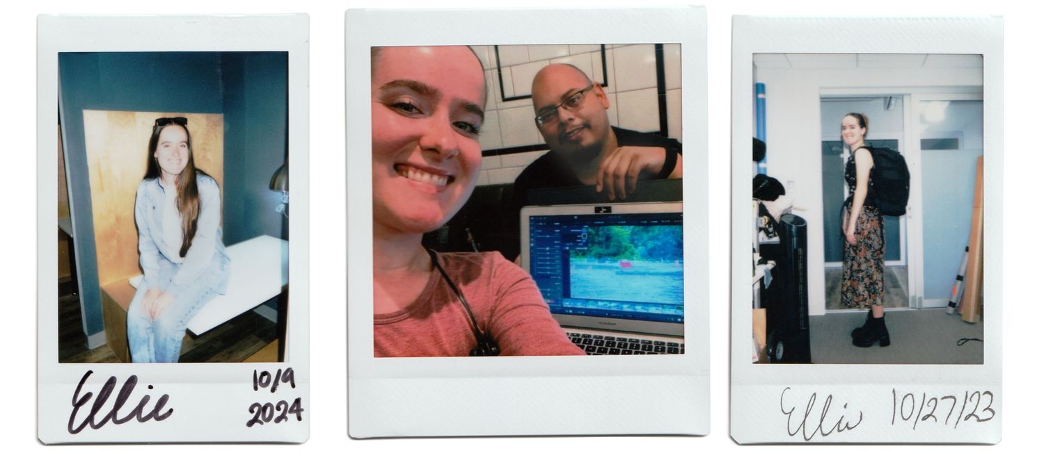 Collection of personal polaroid photos arranged on white background with handwritten notes.