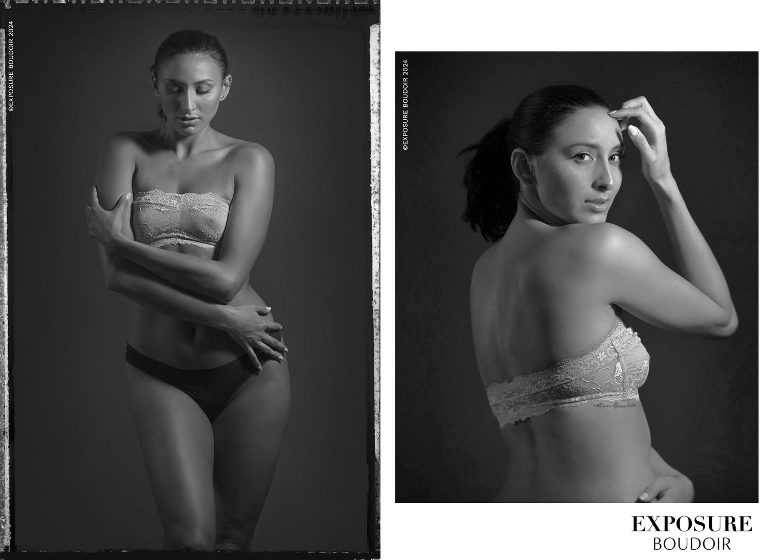 Black and white artistic boudoir photography showcasing dramatic lighting and elegant poses in a studio setting.