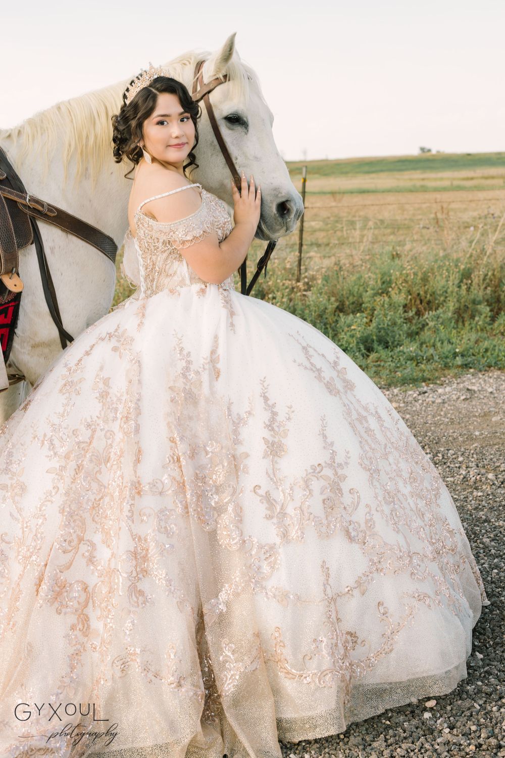 Elegant white ball gown with lace details photographed with white horse in countryside.
