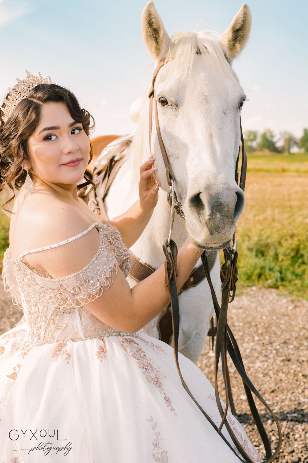 Close up portrait with white horse featuring detailed lace ball gown in natural setting.