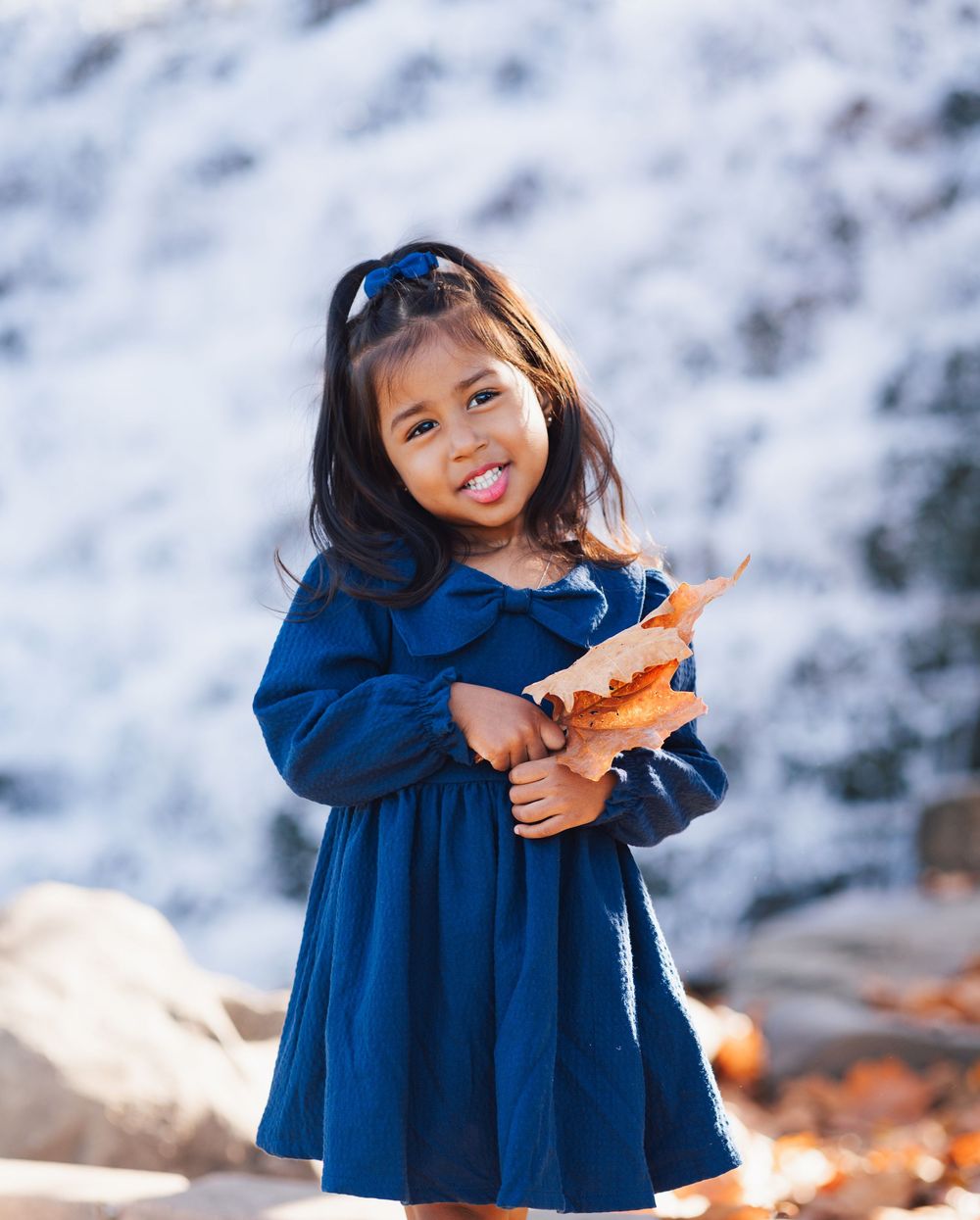 A young child in a navy blue dress holds autumn leaves while standing outdoors against a blurred waterfall background.