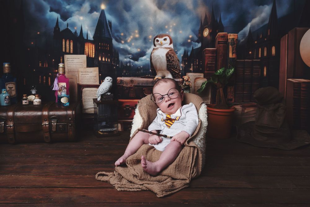 Person in vintage-style setting sits on wooden floor with owl prop against magical Harry Potter themed backdrop.