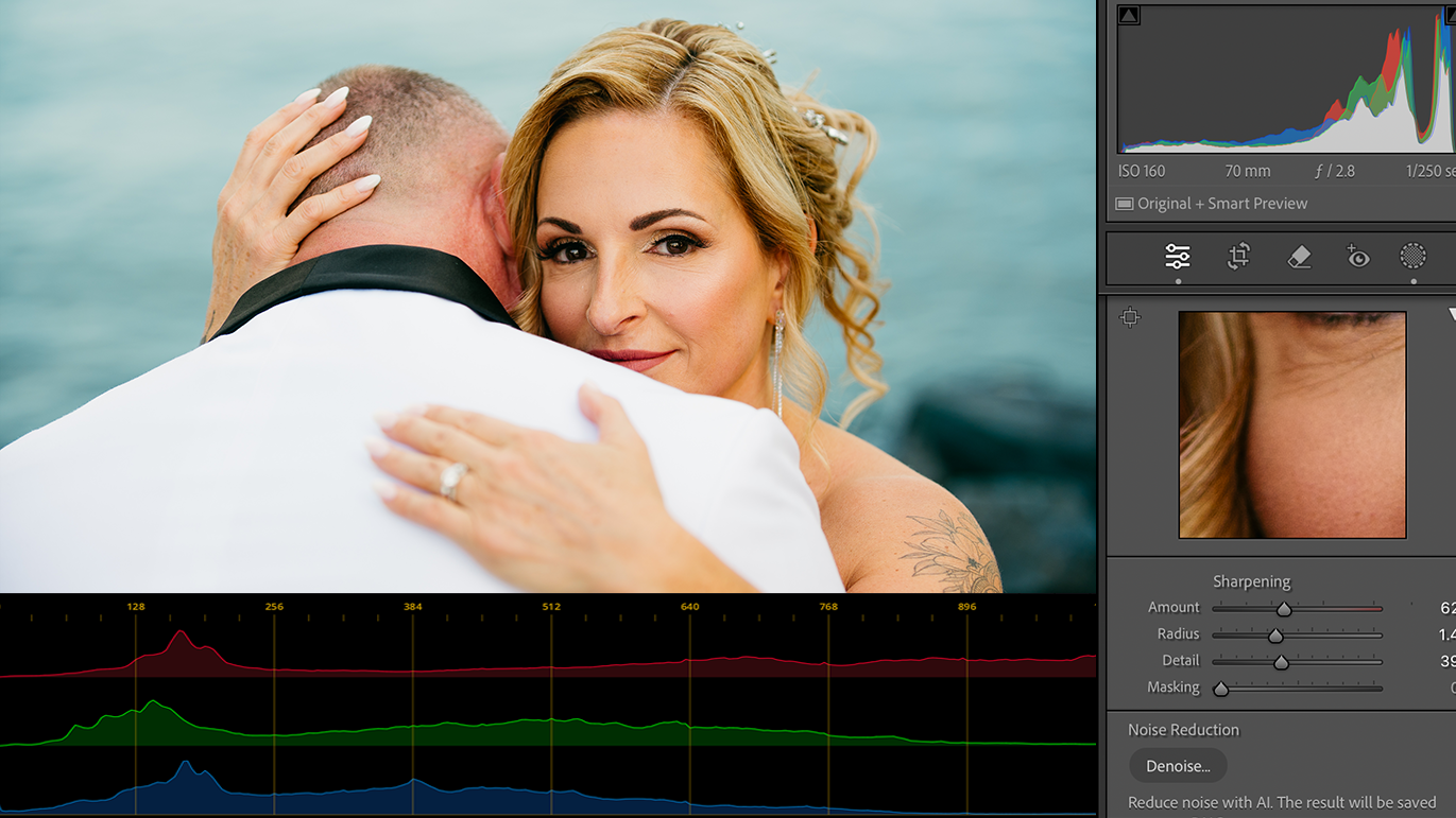 A photo editing interface shows a wedding photograph with a histogram and adjustment panels on a computer screen.
