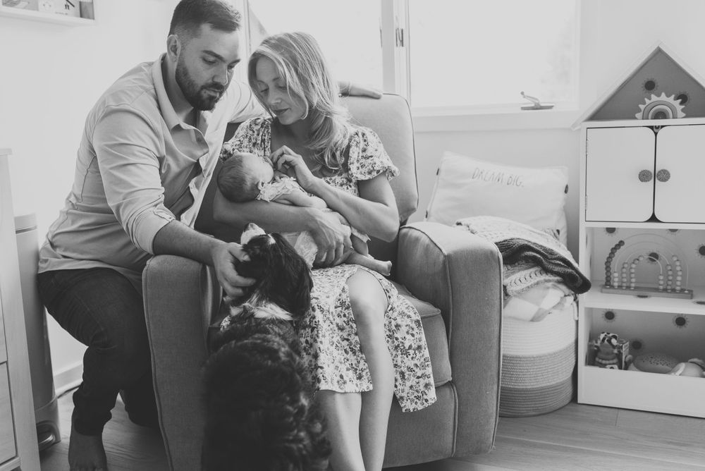 A black and white image of parents with a newborn baby and family dog.