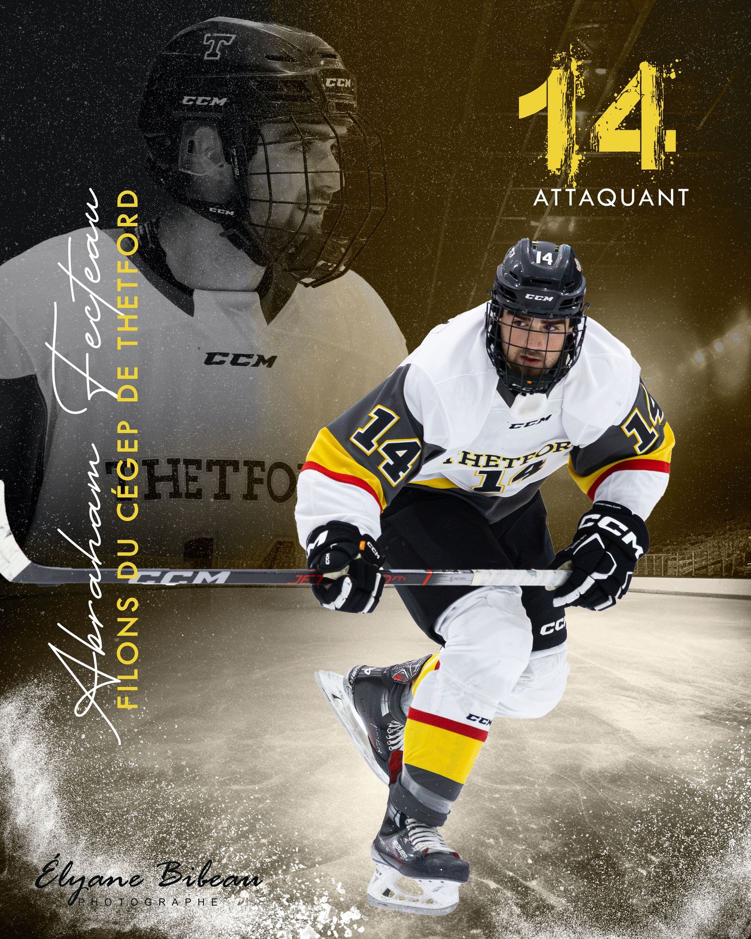Hockey player in white jersey number 14 in dynamic skating pose against dark background.