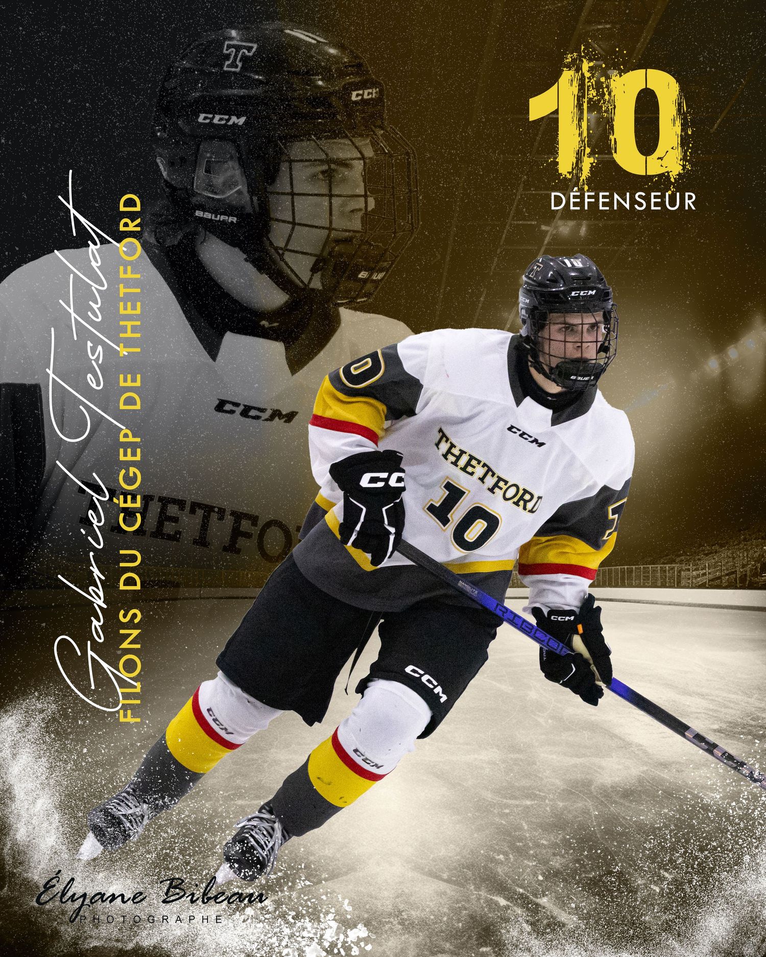 Hockey player number 10 in white jersey skating with dramatic lighting effects.