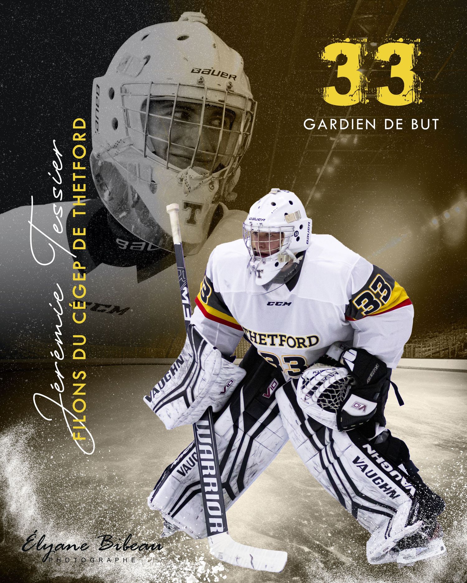 Hockey goalie in white uniform and mask in ready stance position.