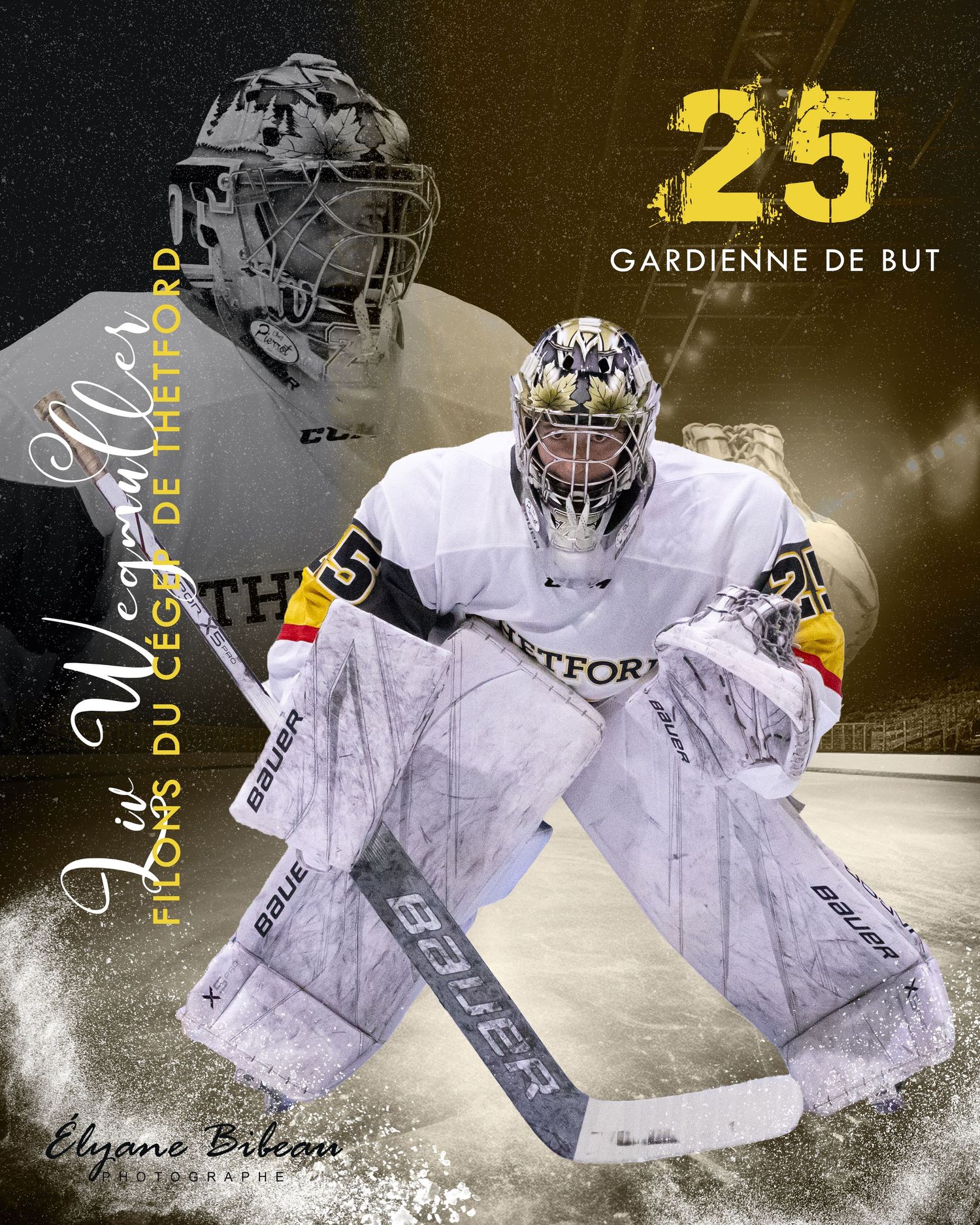 Hockey goalie in white uniform showcasing number 25 position with dramatic lighting effects in the background.