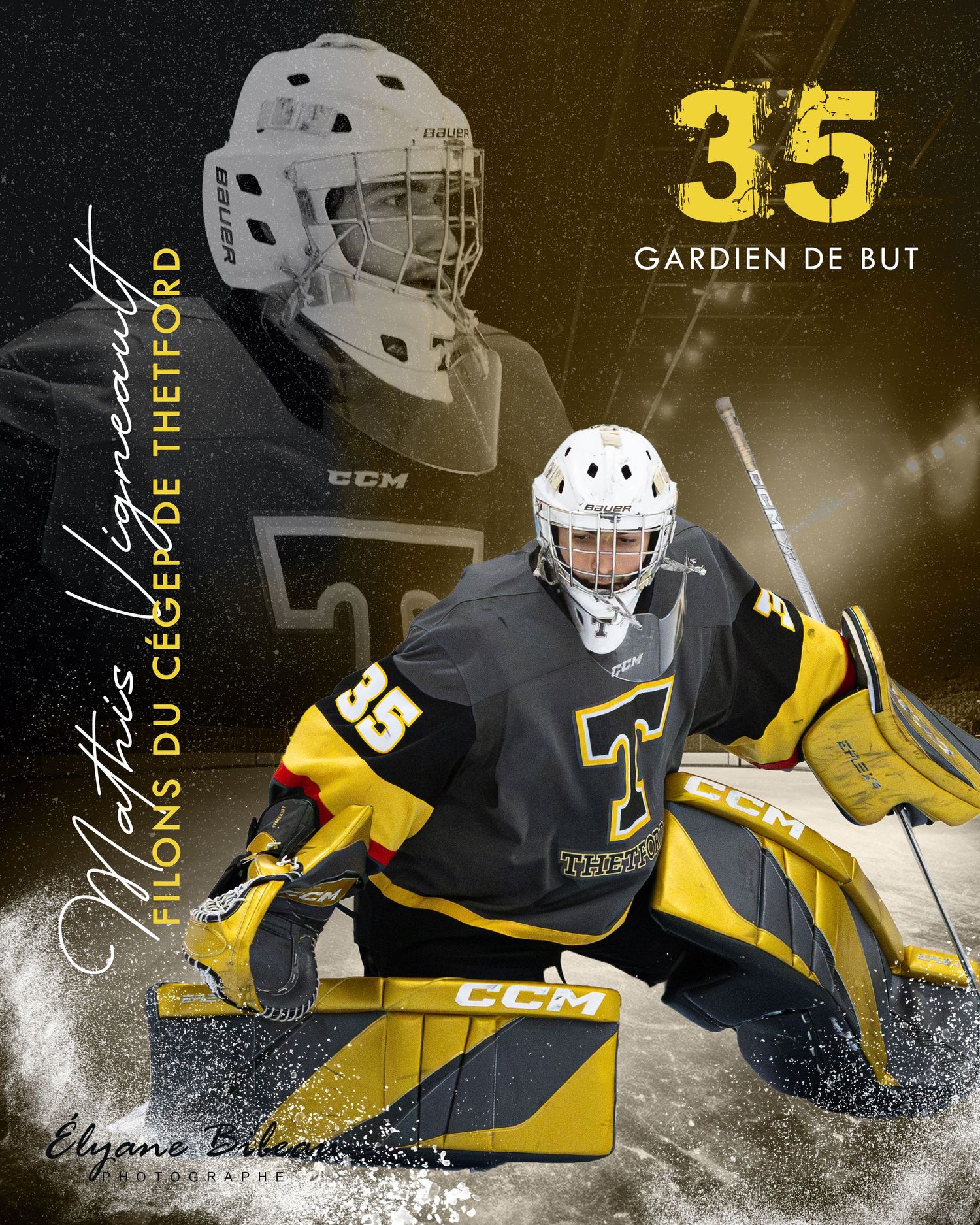 Goalie in black and yellow uniform crouched in defensive position.