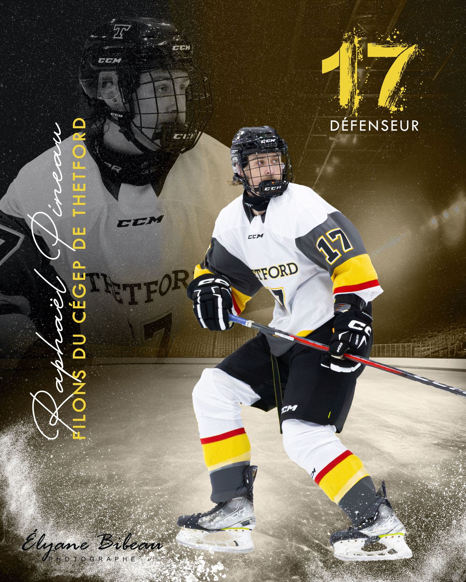 Hockey defenseman wearing number 17 in white and yellow uniform in dynamic action pose.