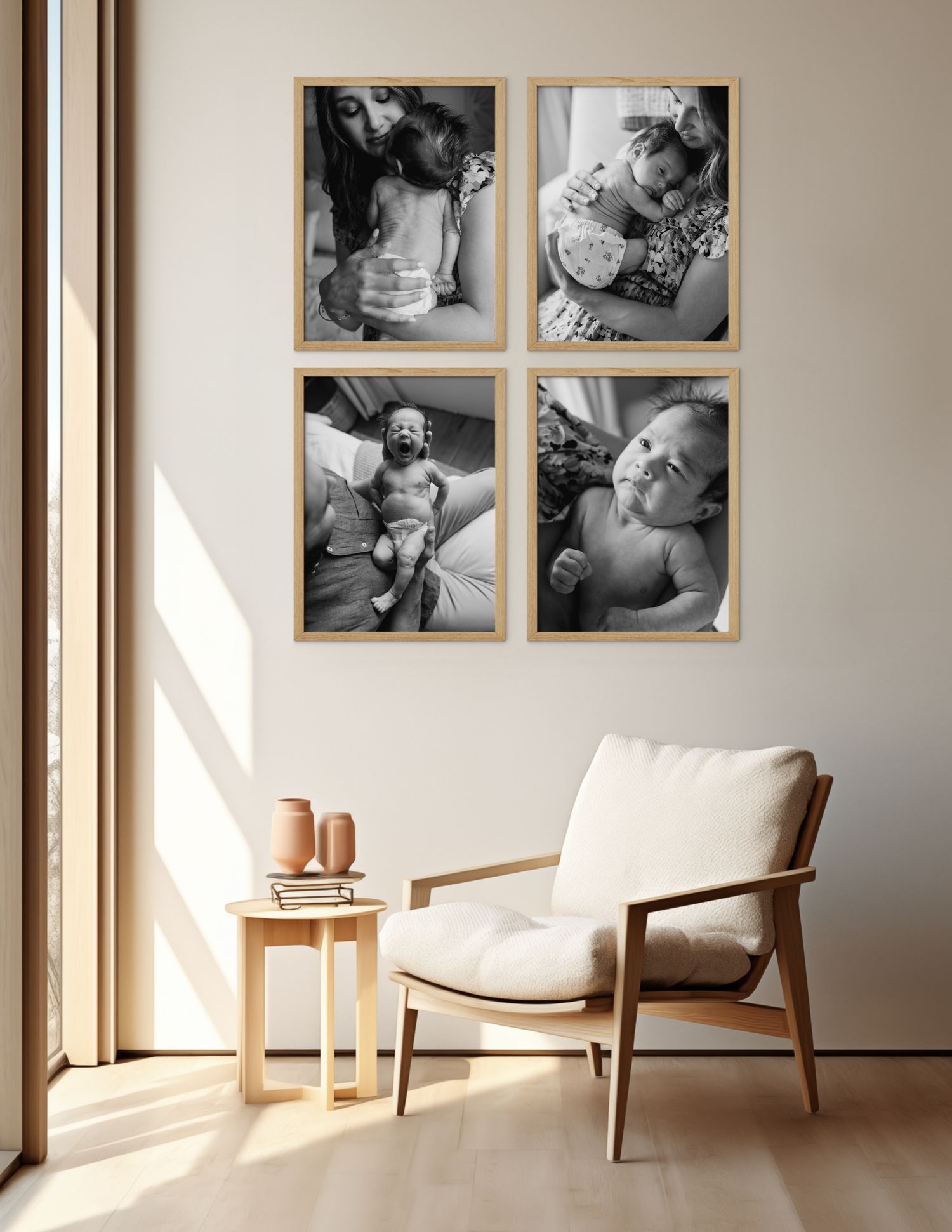 Minimalist living room corner with four black and white framed photographs above a wooden armchair in natural lighting.