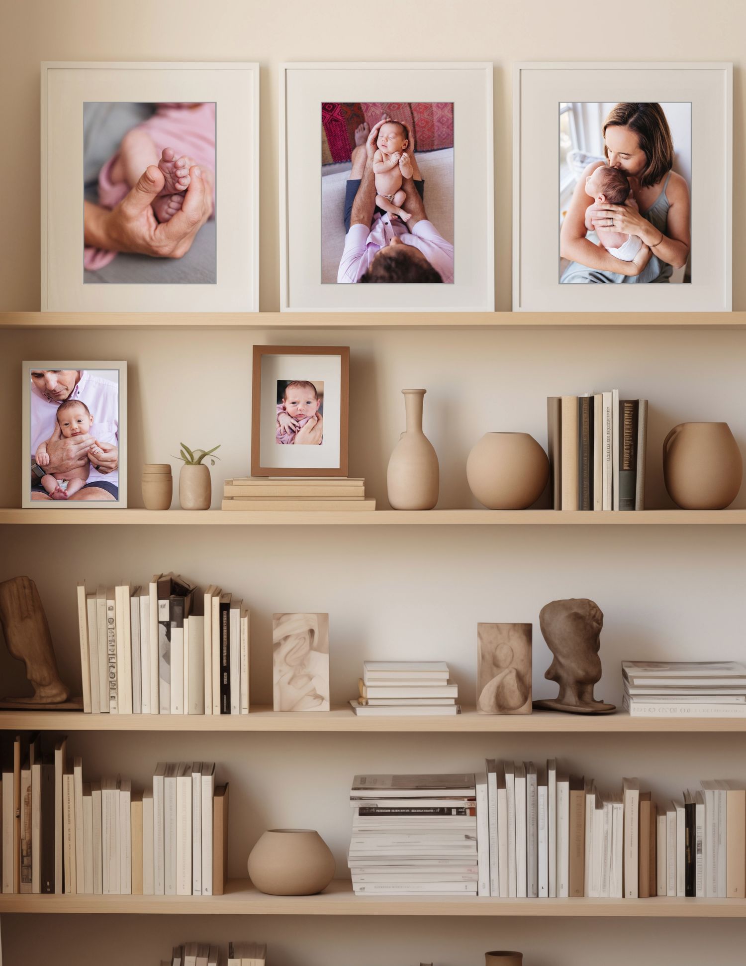 Wooden shelving unit with framed photographs, neutral-toned pottery, and white books arranged in a minimalist style.