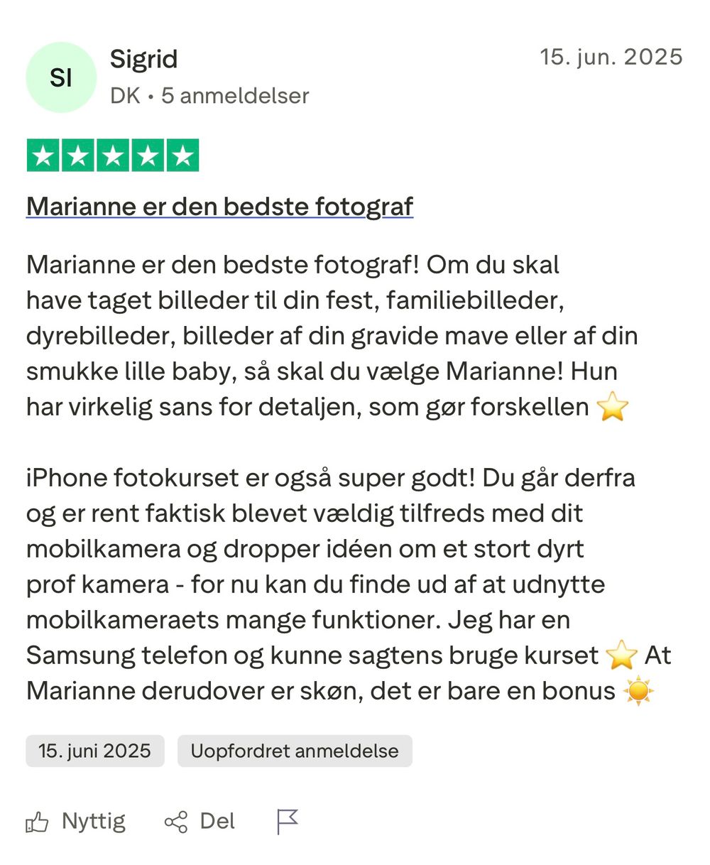 A customer feedback entry showing a 5-star rating with green stars and Danish text.