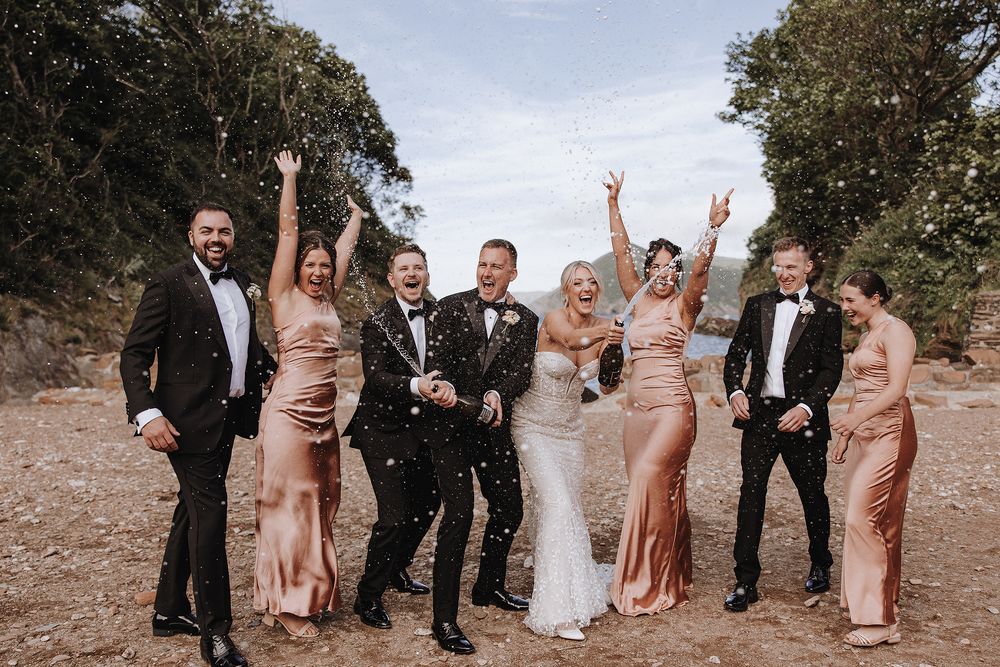 Wedding party in formal attire poses outdoors in a sequence of celebratory group photos.