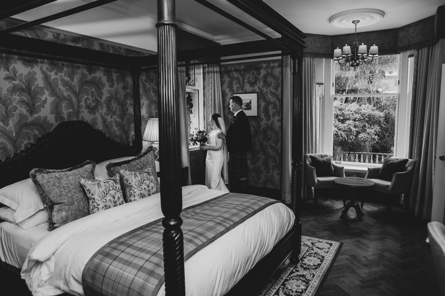 A collection of black and white photos showing elegant bedroom interiors with four-poster beds and luxurious decor.
