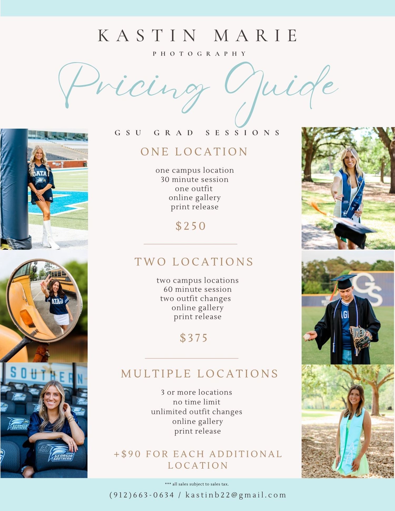 A stylish photography pricing guide template showing session rates and packages in a soft blue and coral color scheme.