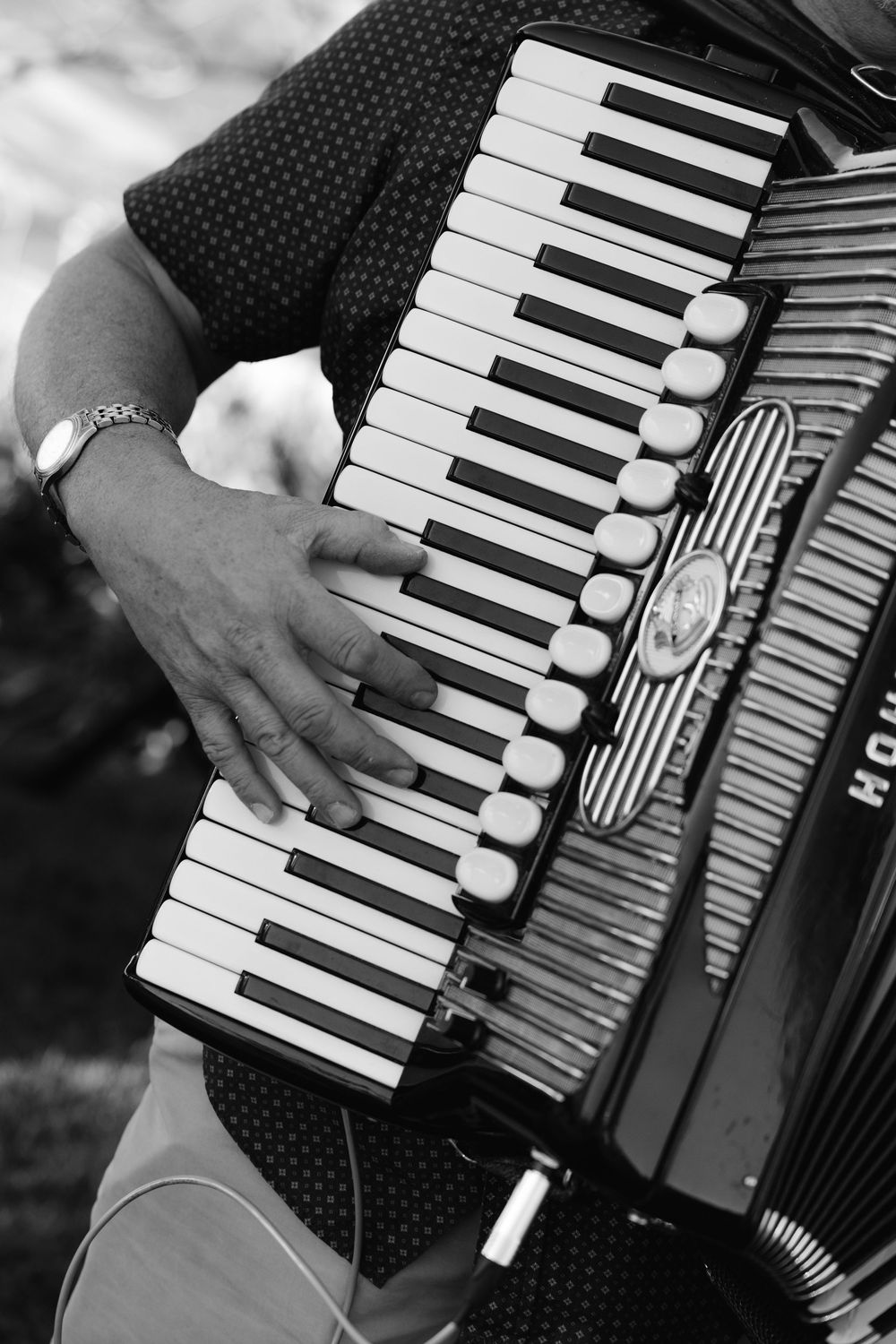 Close-up black and white photos of hands playing an accordion keyboard, showing different playing positions and techniques.