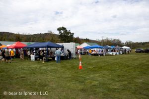 Panoramic view of festival tents and vendors spread across rolling green hills.
