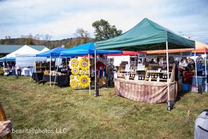 Row of vendor tents and booths set up at an outdoor festival or market.