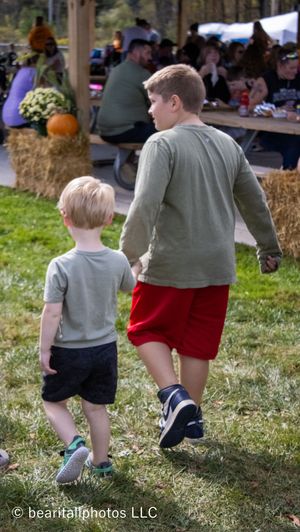People walking together on grass at an outdoor festival or event.
